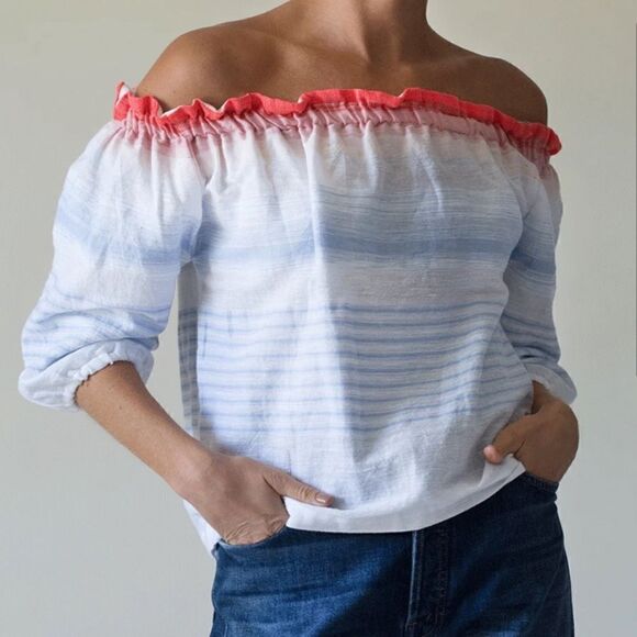 Lemlem Biftu Off Shoulder Blouse Top White Blue - Picture 1 of 9